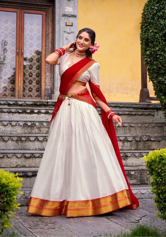Pearl White Poly Cotton Zari Weaving Lehenga Choli