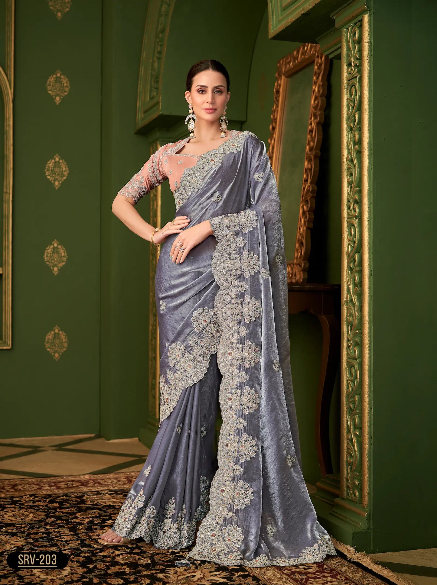 Cool Grey Satin georgette Heavy Embroidery Saree