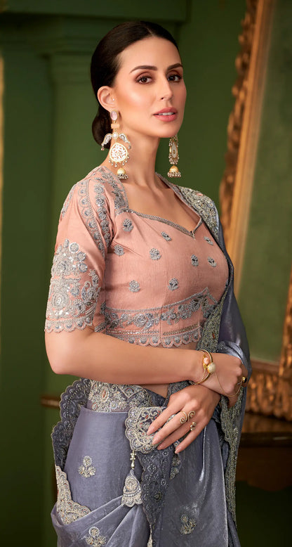 Cool Grey Satin georgette Heavy Embroidery Saree