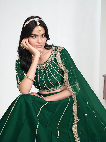 Dark Green Art Silk Embroidery Lehenga Choli