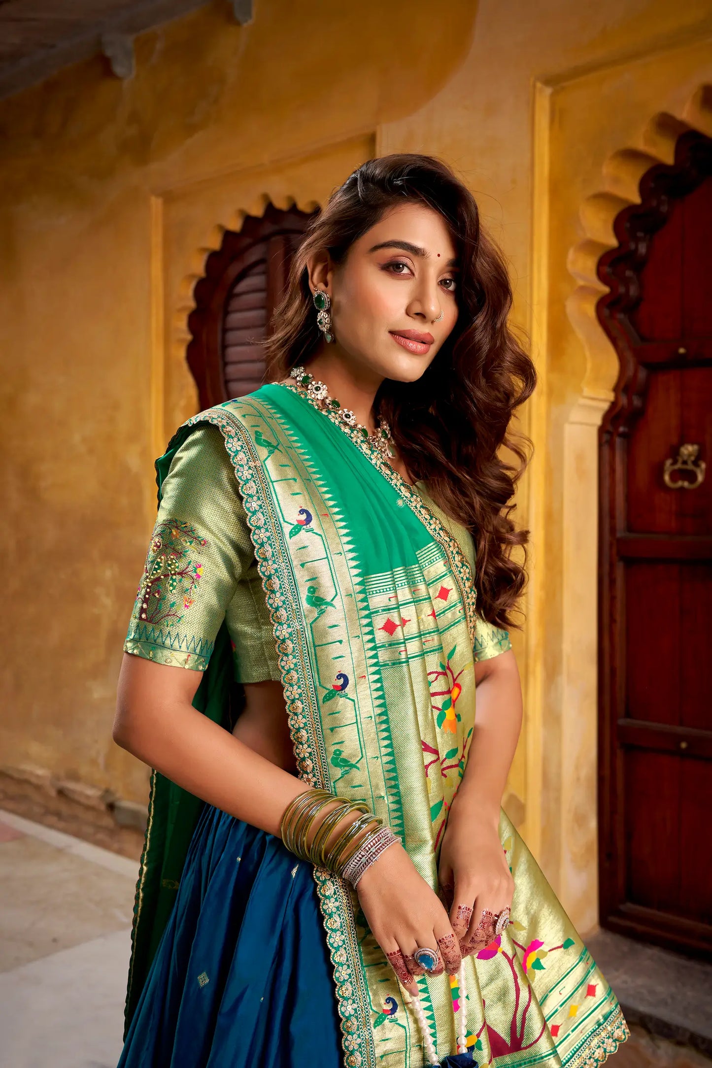 Navy Blue Zari Weaving Paithani Lehenga Choli