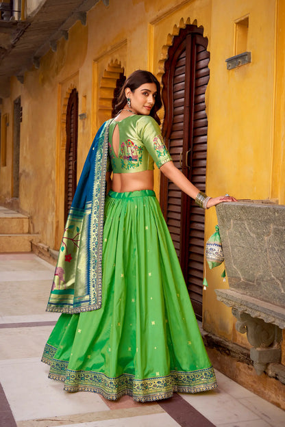 Parrot Green Zari Weaving Paithani Lehenga Choli