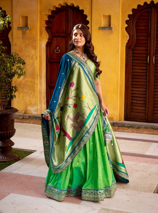 Parrot Green Zari Weaving Paithani Lehenga Choli