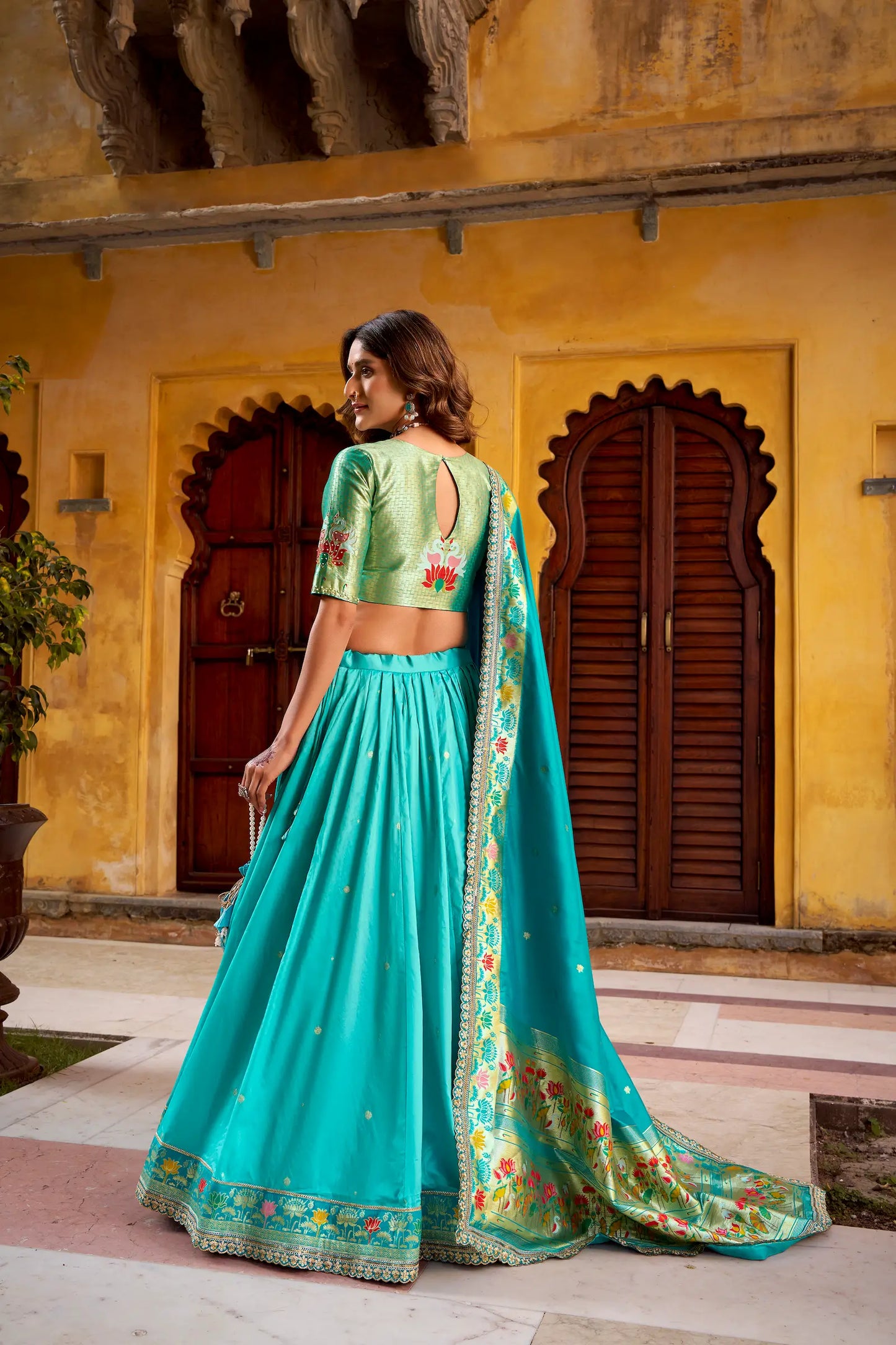 Sea Blue Zari Weaving Paithani Lehenga Choli