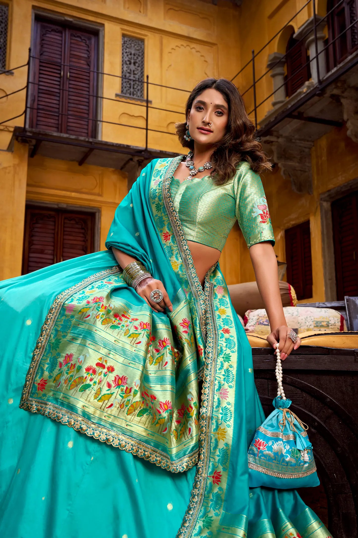 Sea Blue Zari Weaving Paithani Lehenga Choli