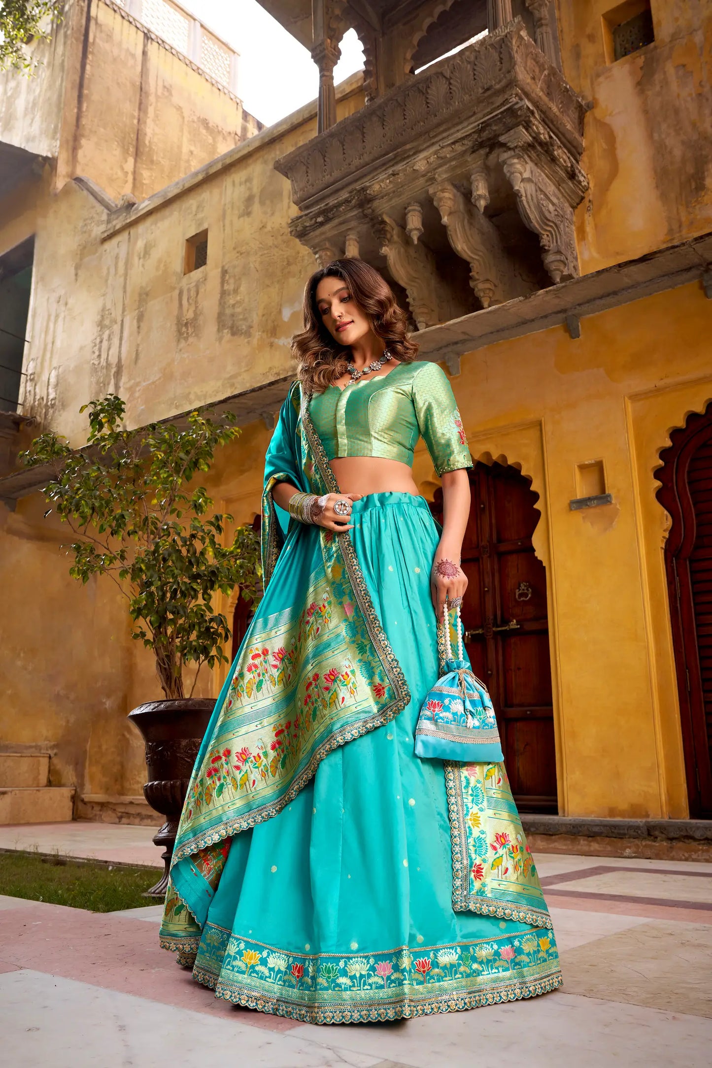 Sea Blue Zari Weaving Paithani Lehenga Choli