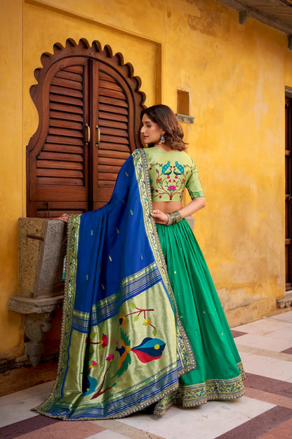 Teal Blue Zari Weaving Paithani Lehenga Choli