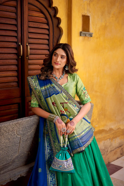 Teal Blue Zari Weaving Paithani Lehenga Choli