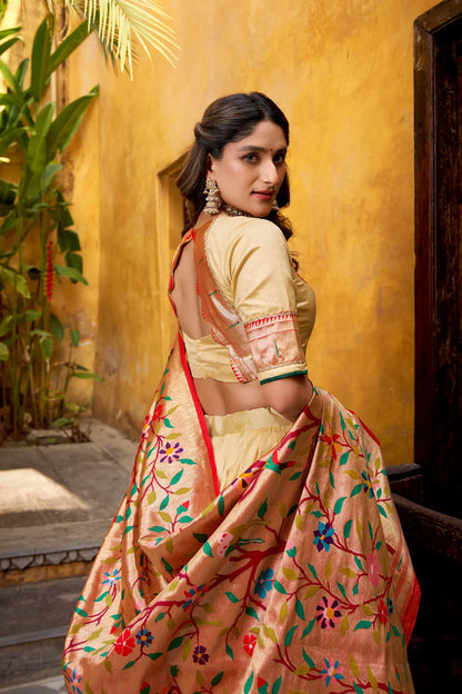 Creamy Beige Zari Weaving Paithani Lehenga Choli