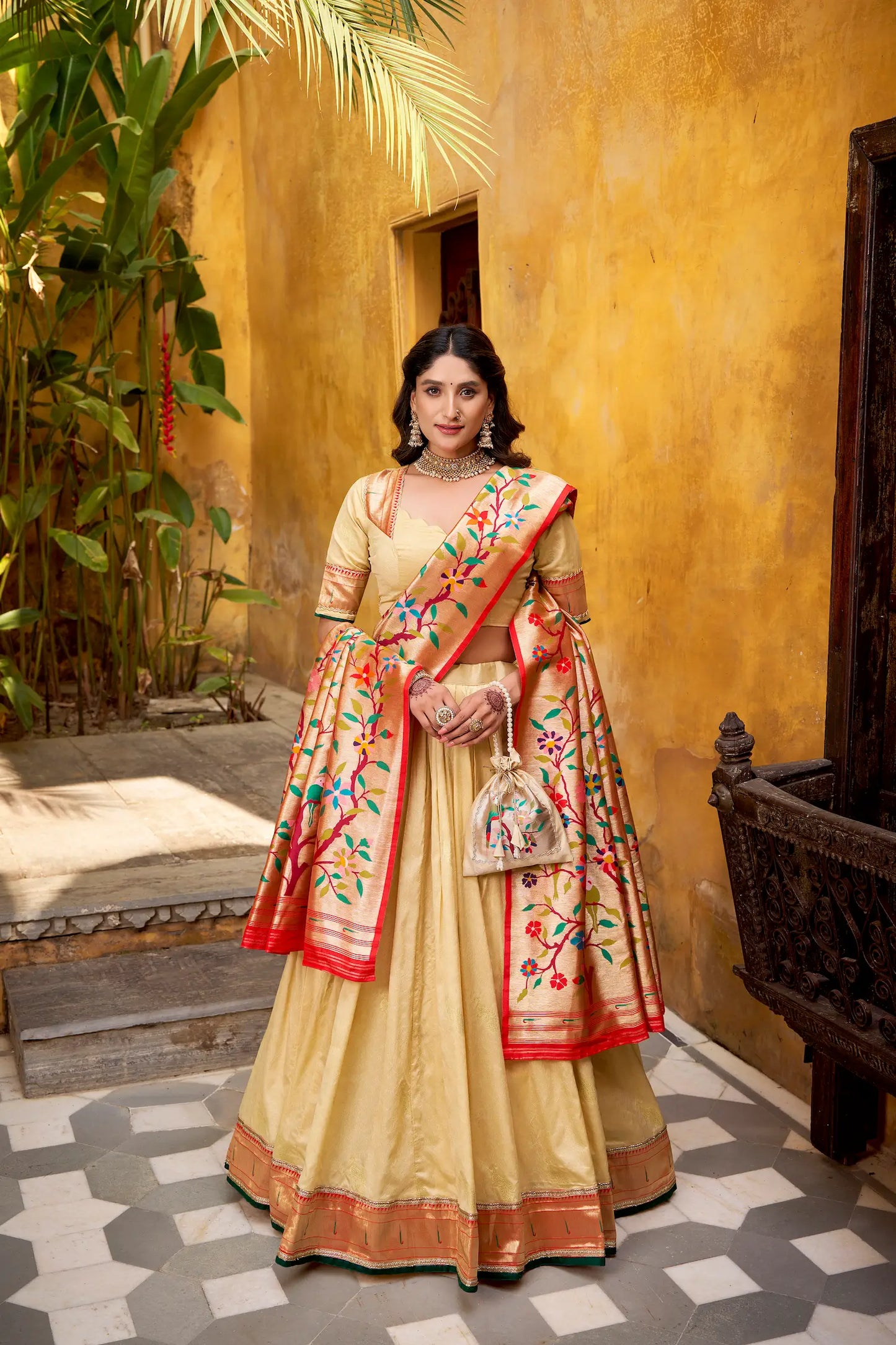 Creamy Beige Zari Weaving Paithani Lehenga Choli