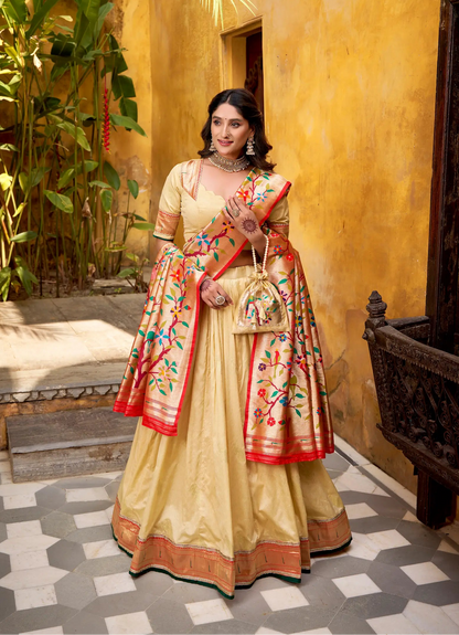 Creamy Beige Zari Weaving Paithani Lehenga Choli