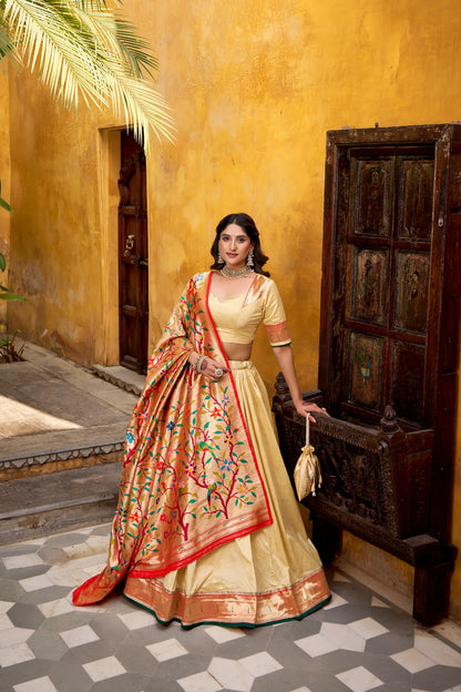 Creamy Beige Zari Weaving Paithani Lehenga Choli