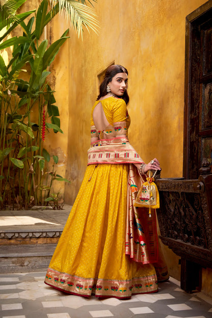 Bee Yellow Zari Weaving Paithani Lehenga Choli