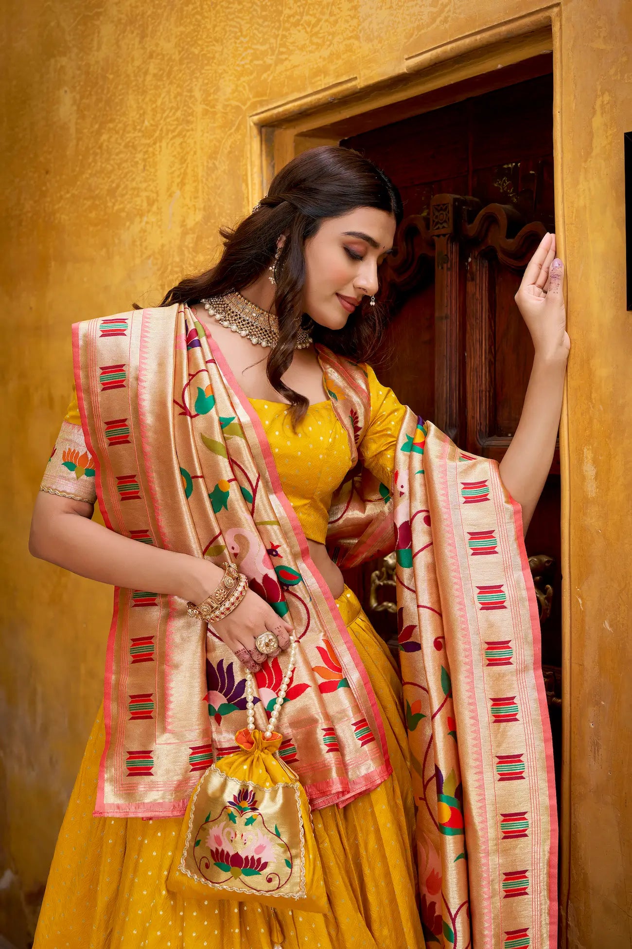 Bee Yellow Zari Weaving Paithani Lehenga Choli
