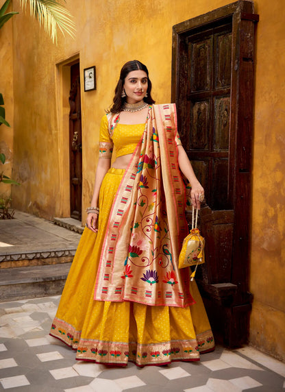 Bee Yellow Zari Weaving Paithani Lehenga Choli