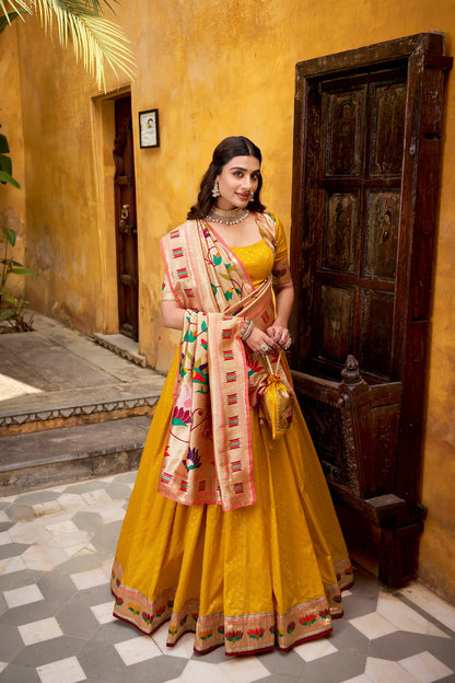 Bee Yellow Zari Weaving Paithani Lehenga Choli