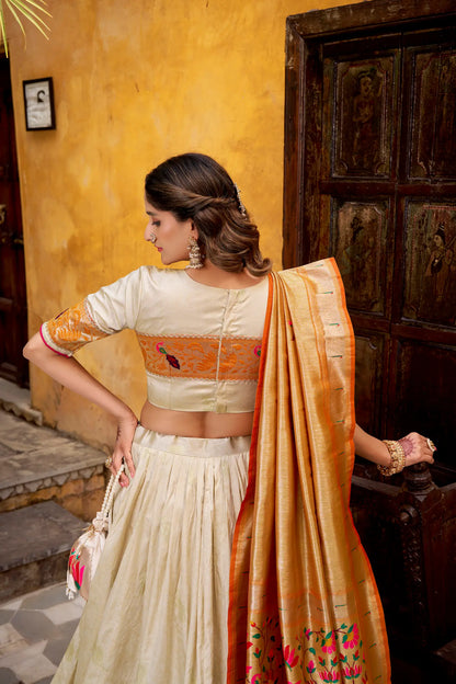 Off White Zari Weaving Paithani Lehenga Choli