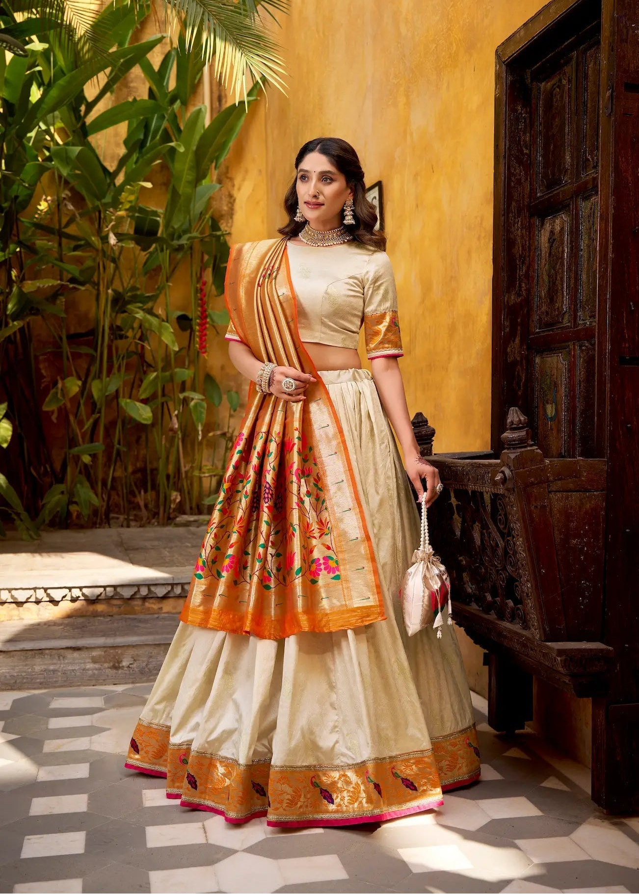 Off White Zari Weaving Paithani Lehenga Choli
