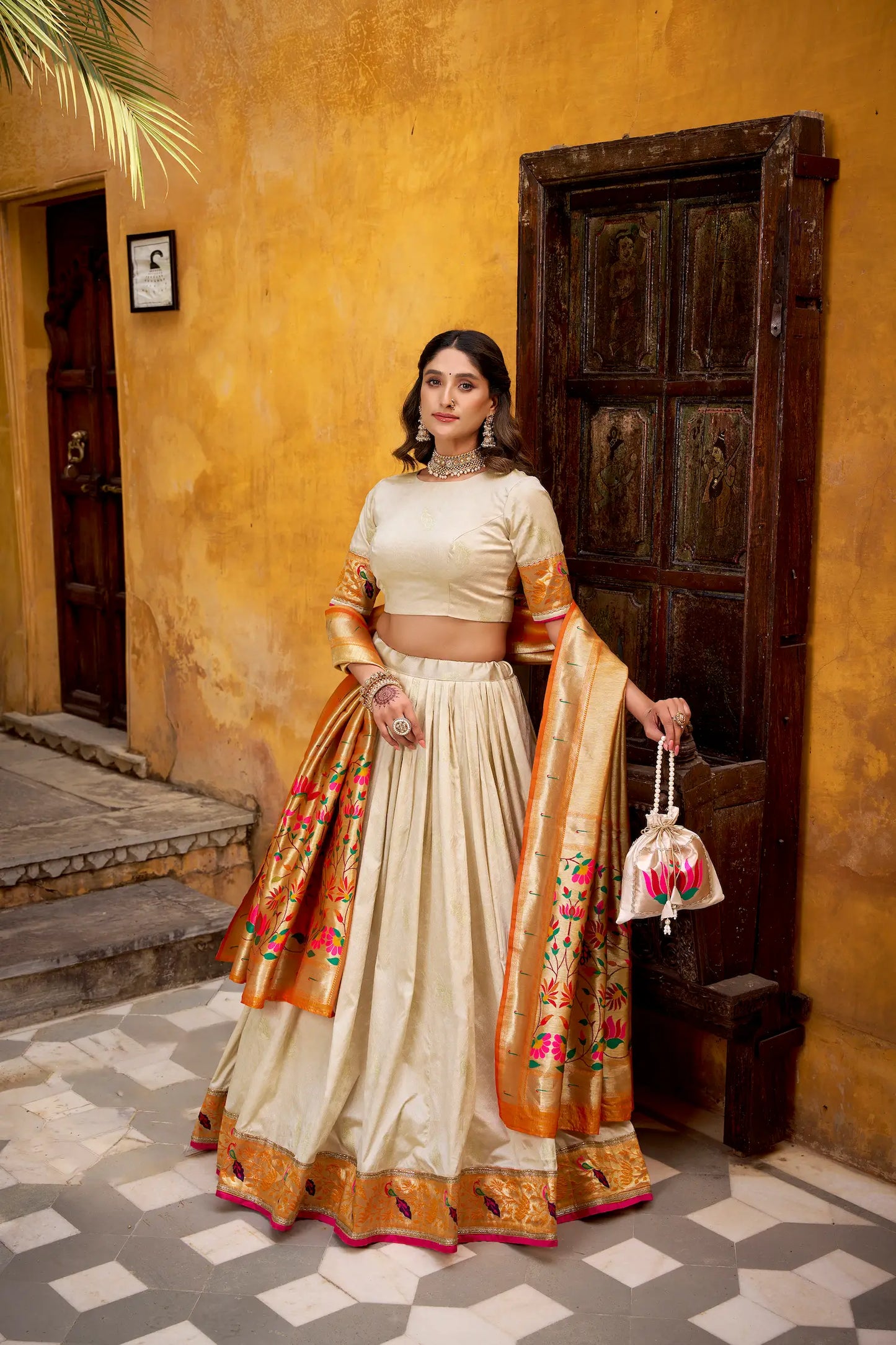 Off White Zari Weaving Paithani Lehenga Choli
