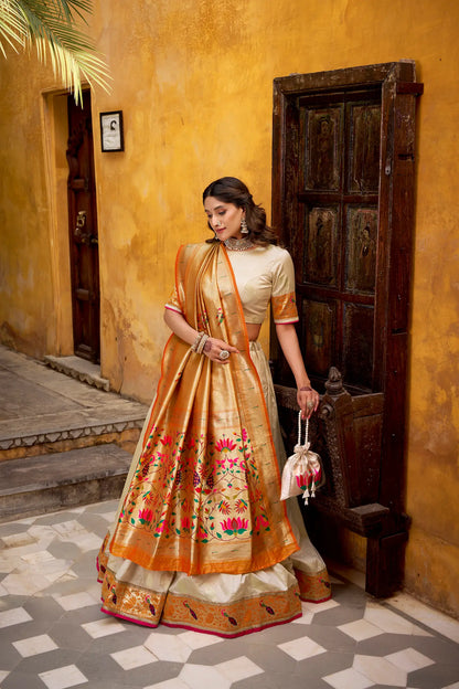 Off White Zari Weaving Paithani Lehenga Choli