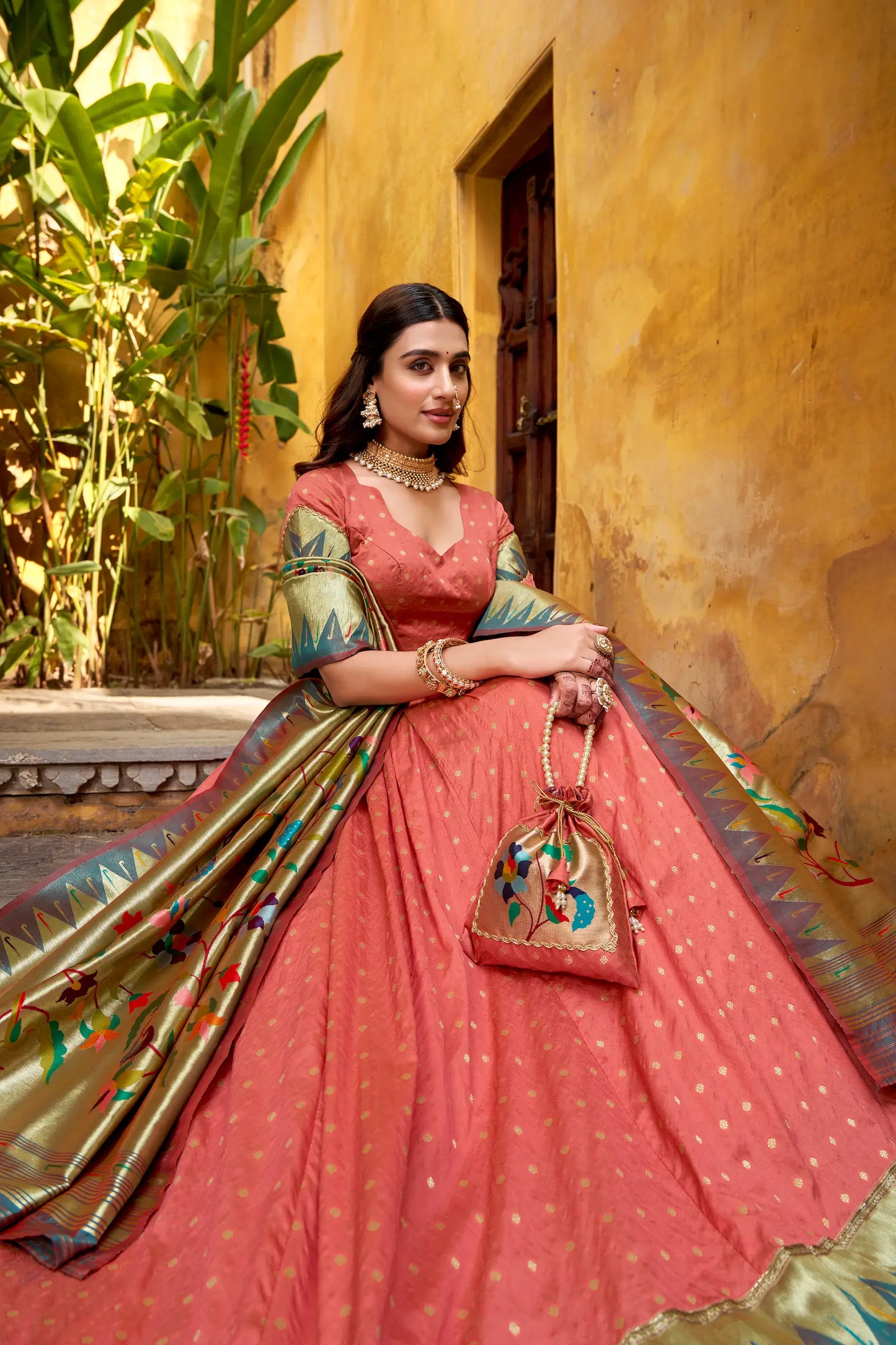 Peach Pink Zari Weaving Paithani Lehenga Choli