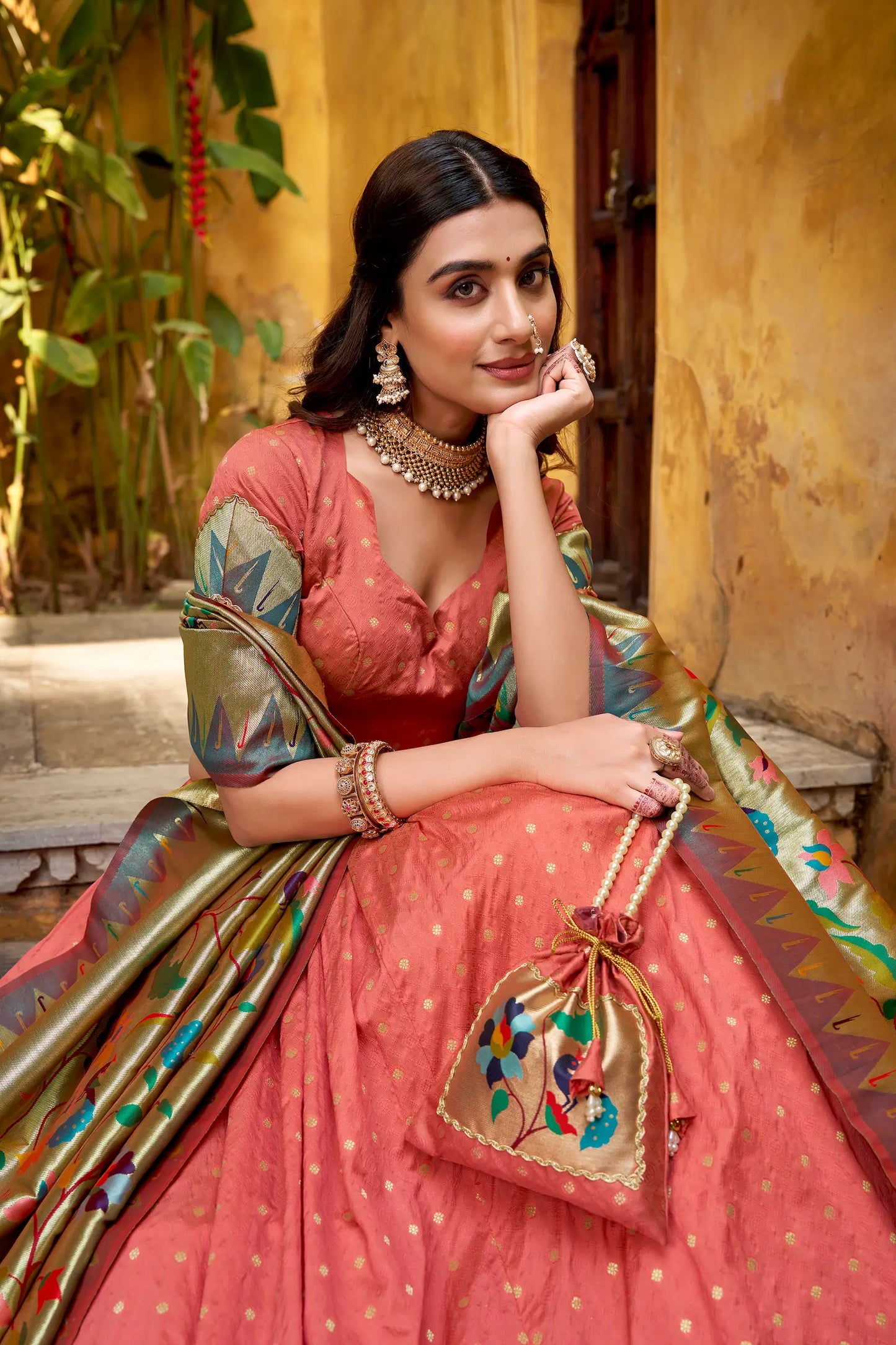 Peach Pink Zari Weaving Paithani Lehenga Choli