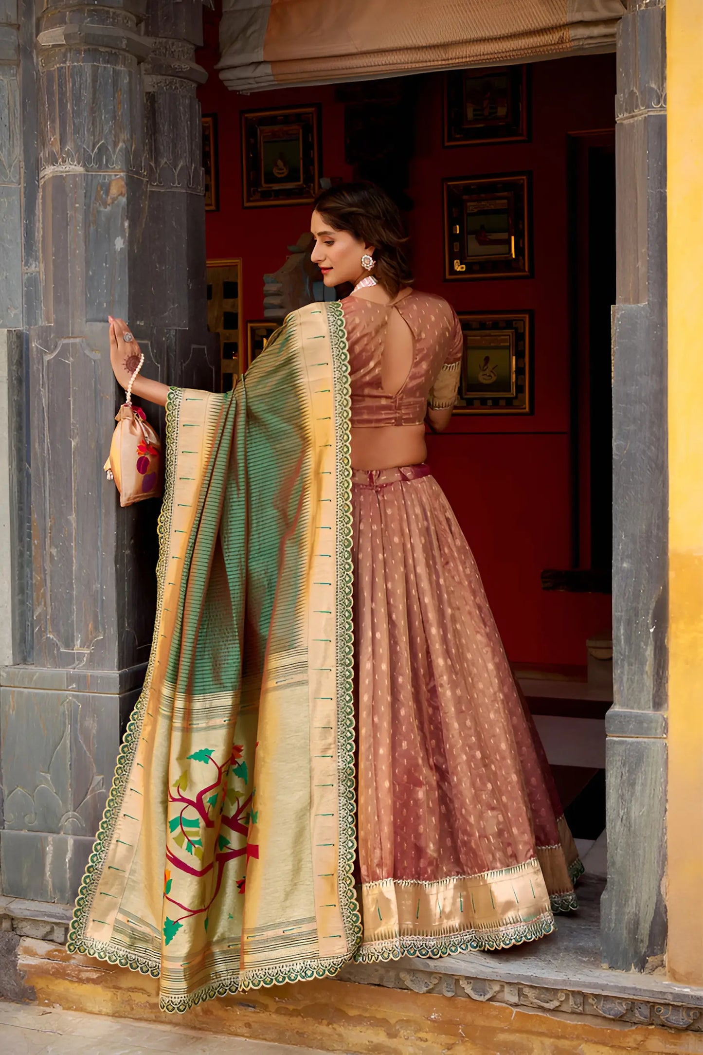 Rust Brown Shimmer Paithani Lehenga Choli