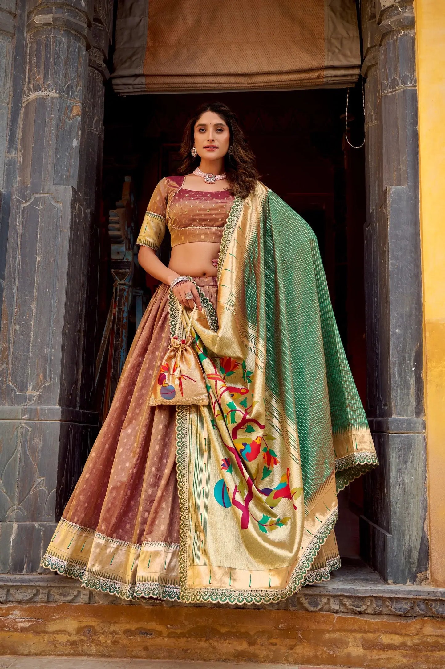 Rust Brown Shimmer Paithani Lehenga Choli