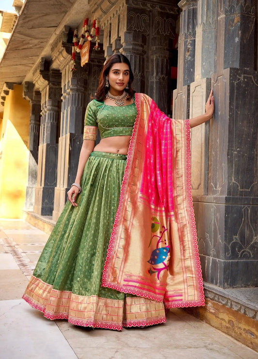 Dusty Green Shimmer Paithani Lehenga Choli