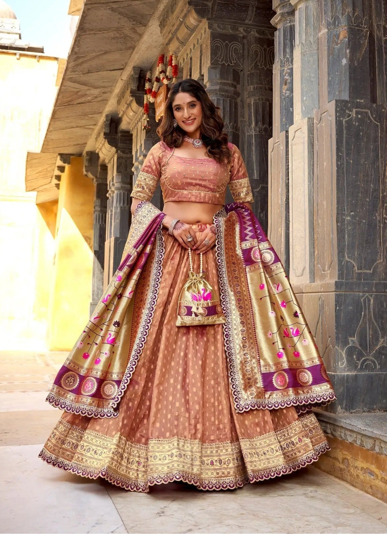 Dark Peach Shimmer Paithani Lehenga Choli
