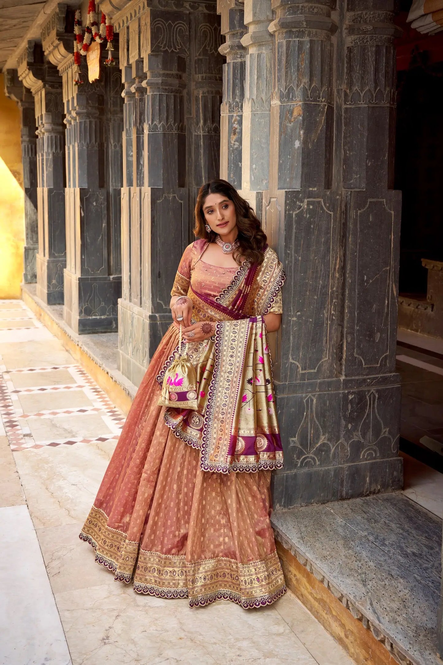Dark Peach Shimmer Paithani Lehenga Choli
