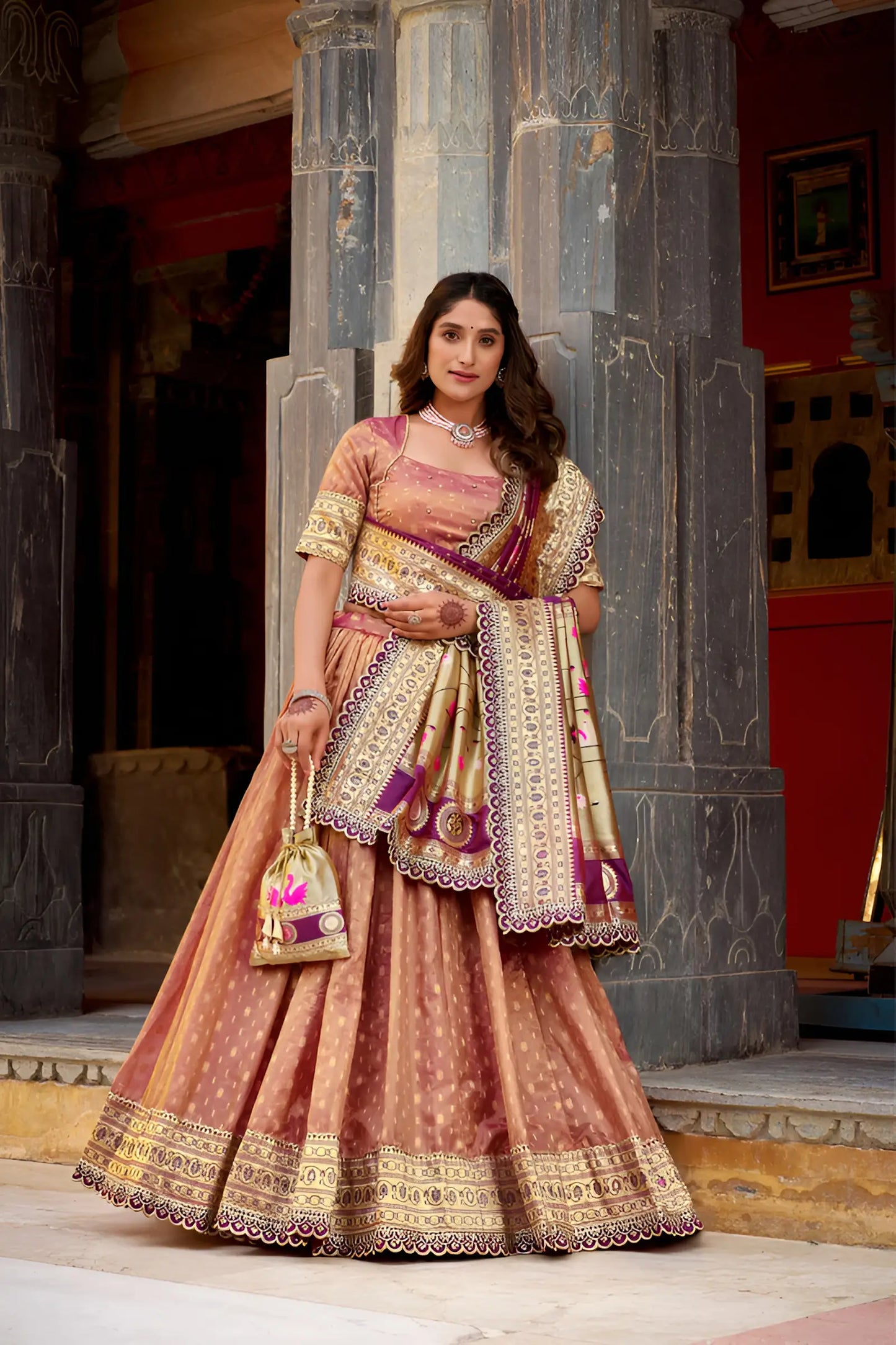 Dark Peach Shimmer Paithani Lehenga Choli