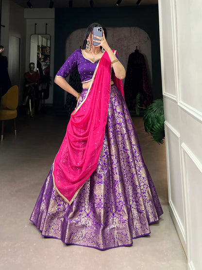 Purple Jacquard Silk Zari Weaving Lehenga Choli