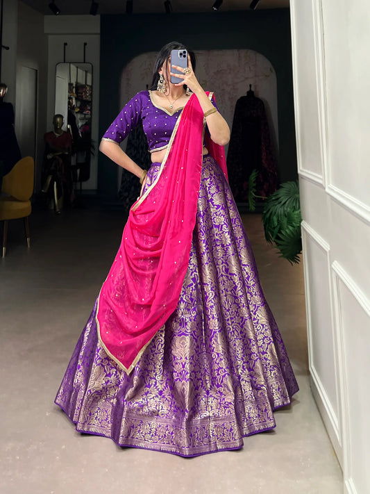 Purple Jacquard Silk Zari Weaving Lehenga Choli