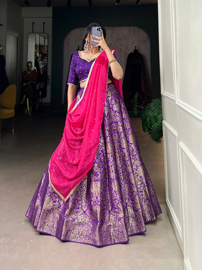 Purple Jacquard Silk Zari Weaving Lehenga Choli