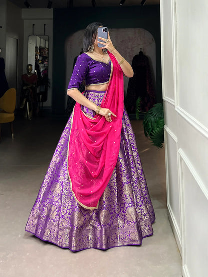 Purple Jacquard Silk Zari Weaving Lehenga Choli