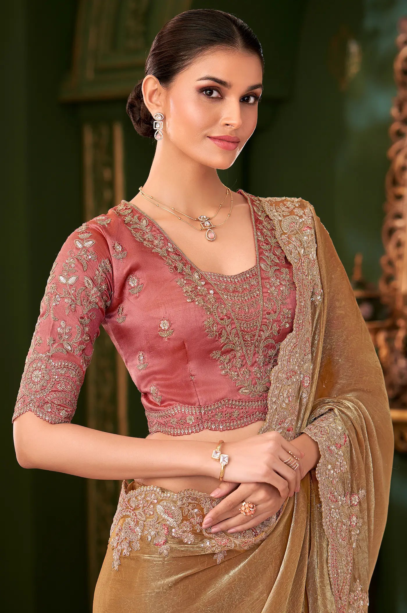 Caramel Gold Satin Chiffon Heavy Embroidery Saree