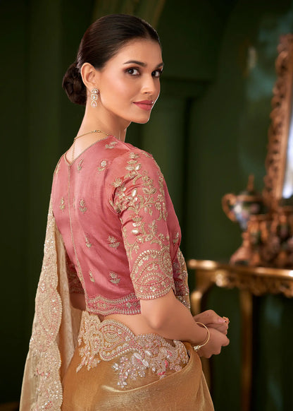 Caramel Gold Satin Chiffon Heavy Embroidery Saree