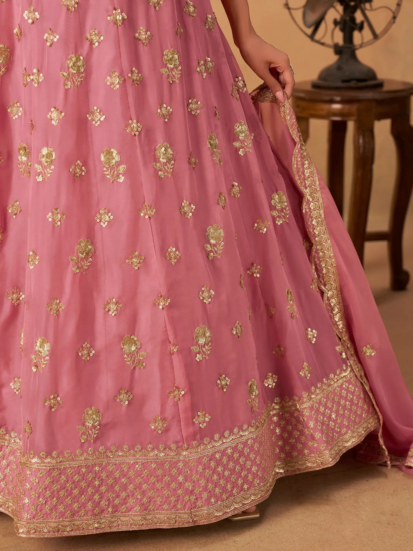 Light Pink Organza Embroidery Work Lehenga Choli