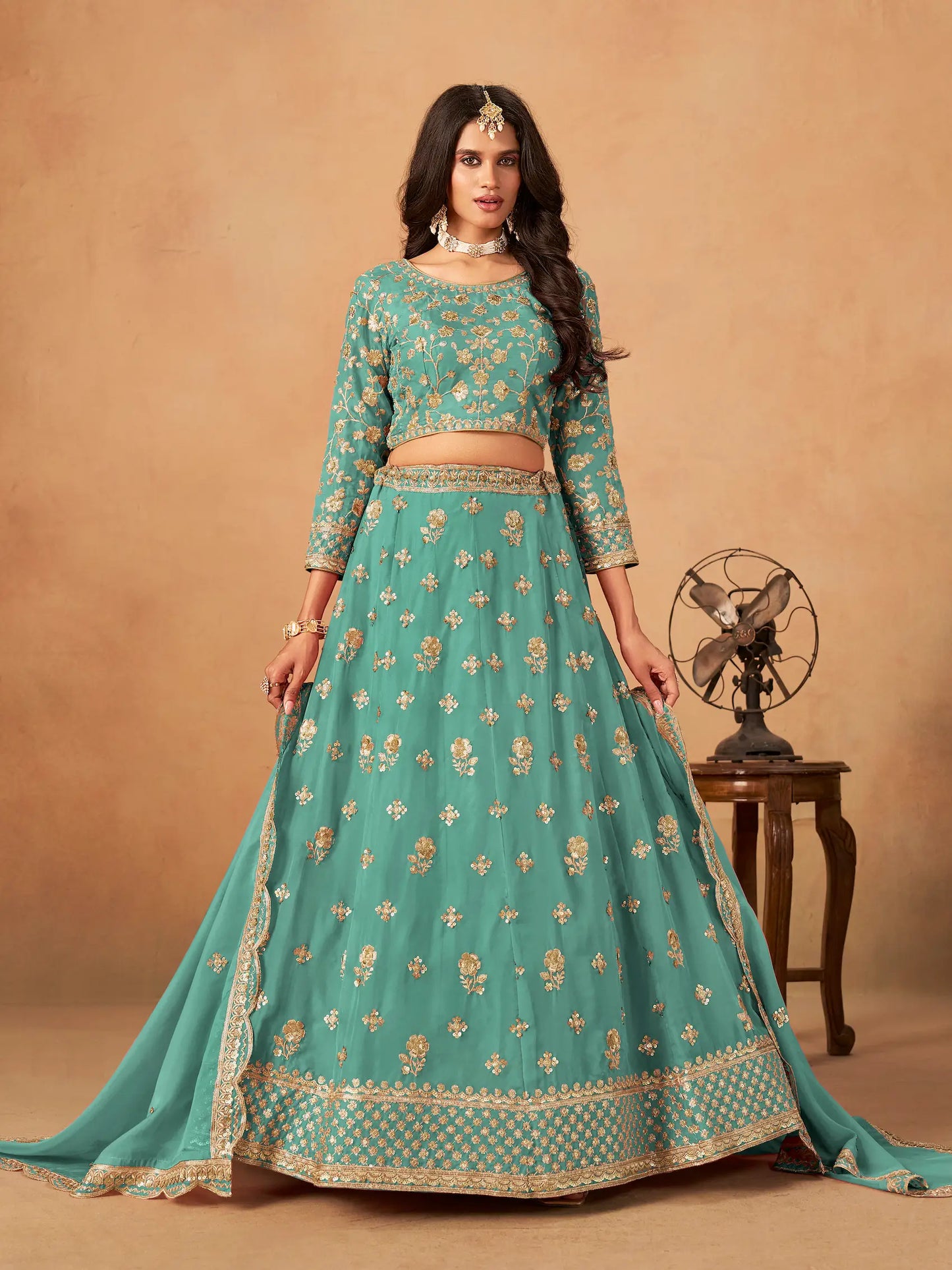Aqua Blue Organza Embroidery Work Lehenga Choli