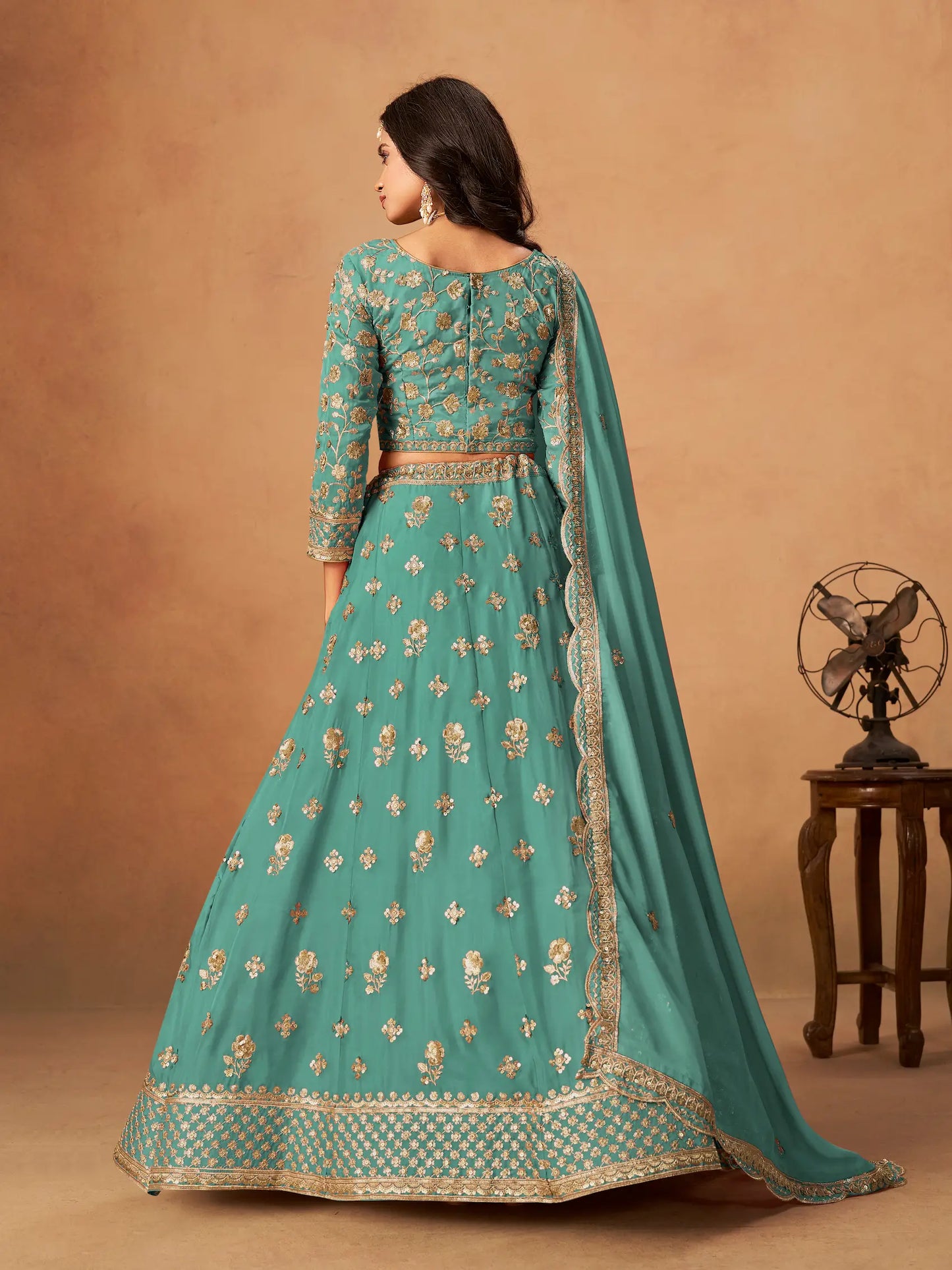 Aqua Blue Organza Embroidery Work Lehenga Choli