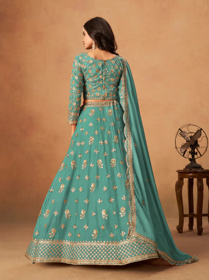 Aqua Blue Organza Embroidery Work Lehenga Choli