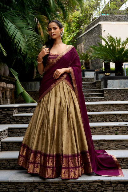Dark Beige Cotton Half Saree Lehenga