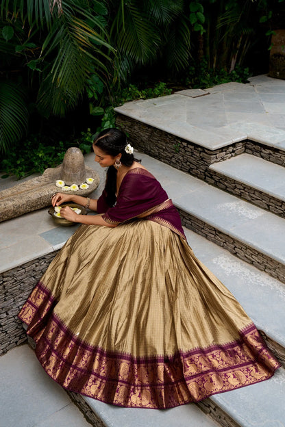 Dark Beige Cotton Half Saree Lehenga