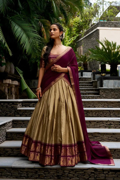 Dark Beige Cotton Half Saree Lehenga