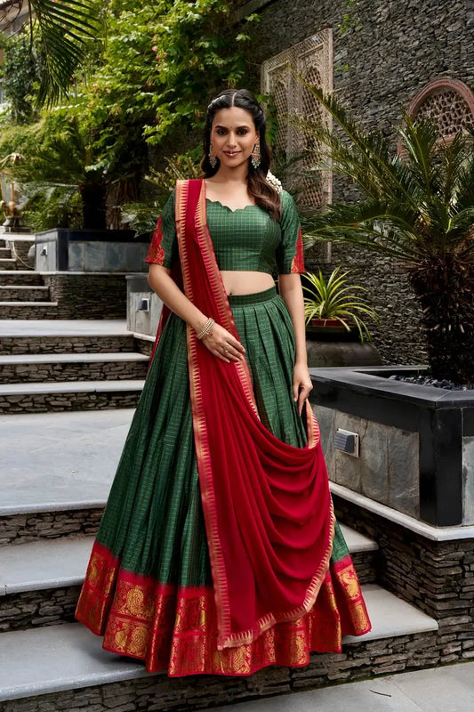 Deep Green Cotton Half Saree Lehenga