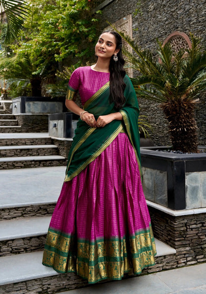 Hot Pink Cotton Half Saree Lehenga