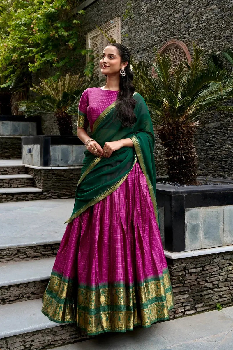 Hot Pink Cotton Half Saree Lehenga