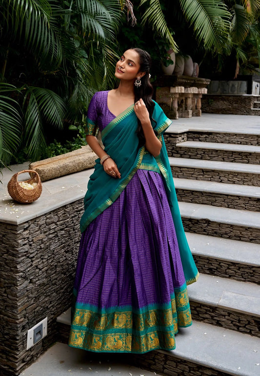 Royal Purple Cotton Half Saree Lehenga