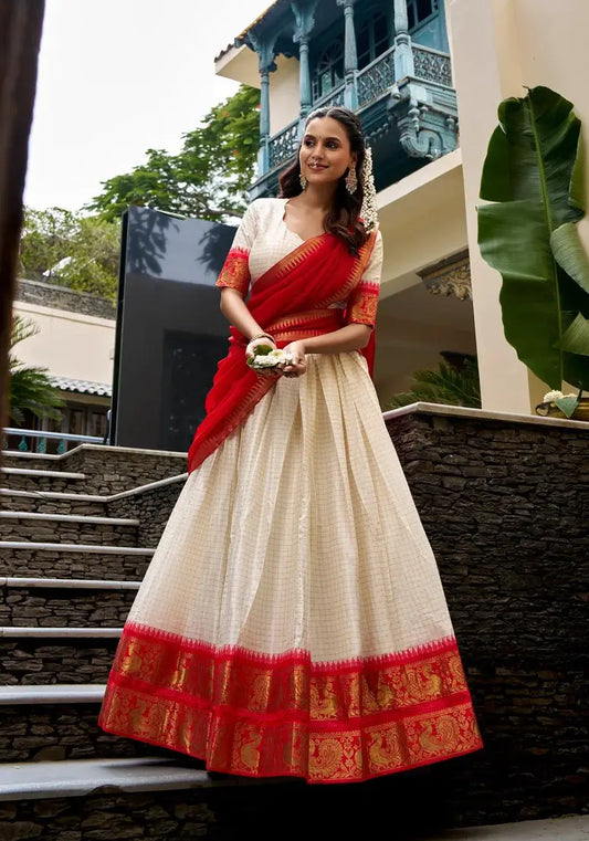 Off White Cotton Half Saree Lehenga